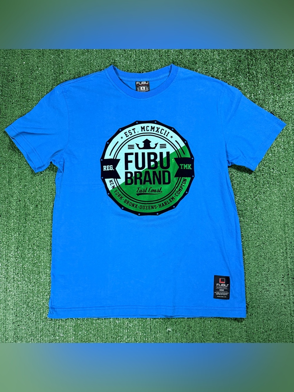 Y2K FUBU T-Shirt Size Large Blue Graphic Tee East Coast